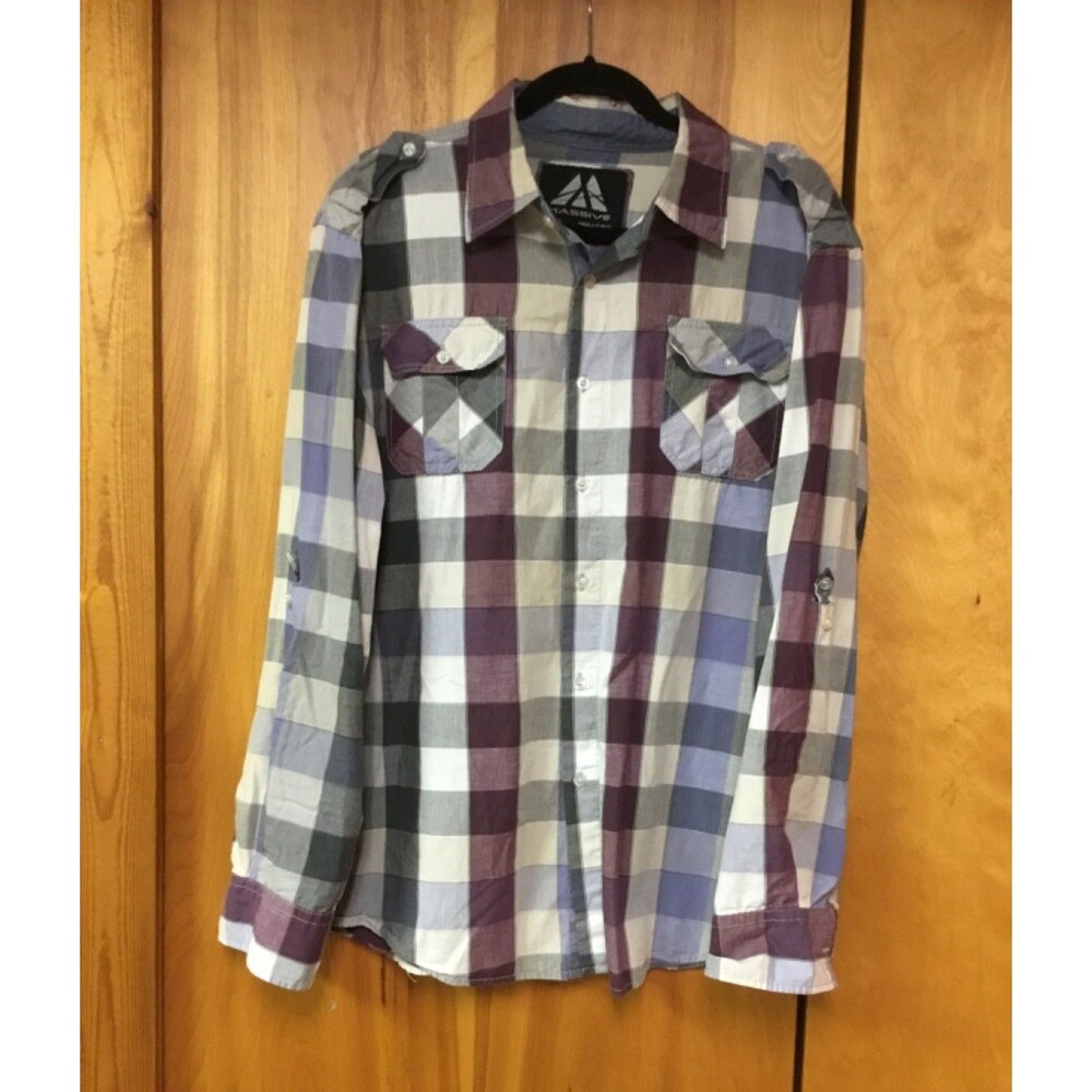 Massive XL Mens Shirt Plaid Burgundy Blue Cream Long Sleeve w/ Roll Up Buttons